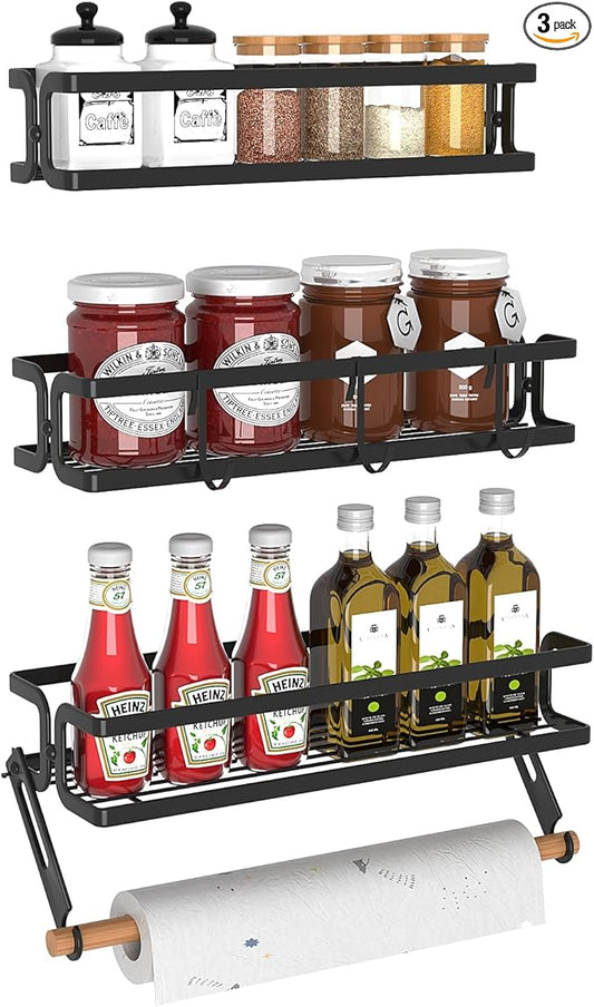 3 Pack Spice Rack Wall Mount With Paper Towel Holder and Hooks,Adhesive Hanging Spice Rack for Spice Jars and Seasonings, Space Saving Spice Racks Organizer for Cabinet,Pantry Door,Black