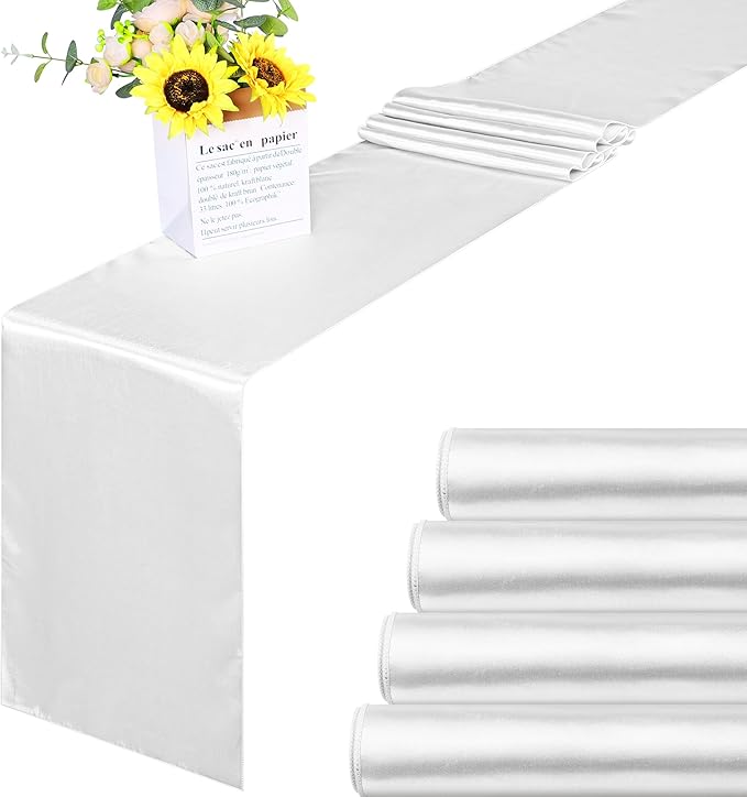 Aneco 4 Pack Satin Table Runner 12 x 108 Inch White Long Bright Silk and Smooth Fabric Party Table Runner for Wedding Banquet Party Decoration