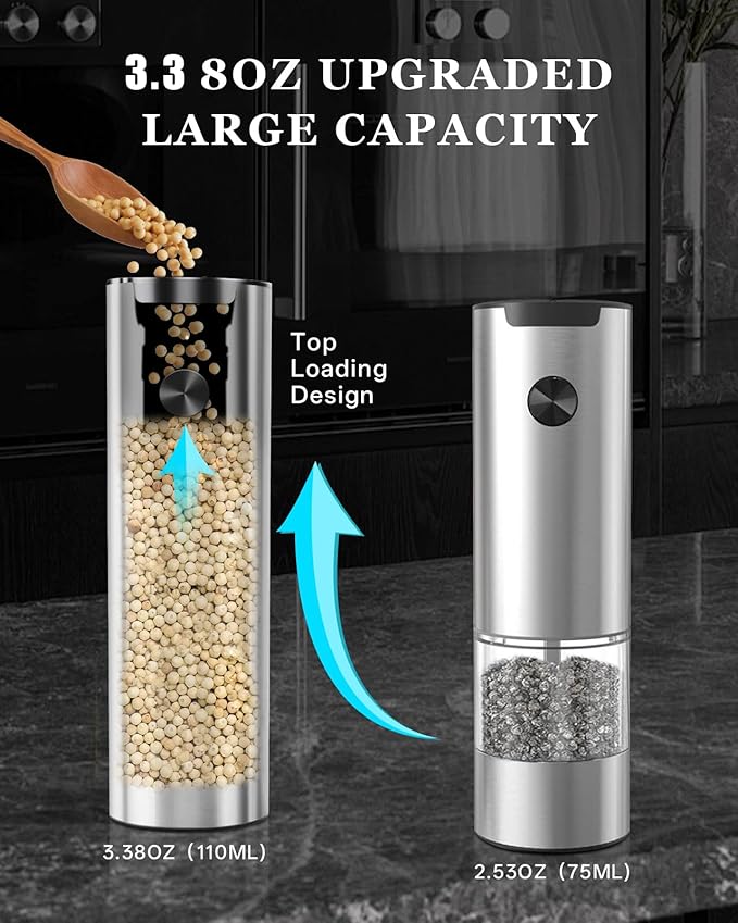 Electric Salt and Pepper Grinder Set with Rechargeable Base - Upgraded Large Capacity, Refillable Pepper Mill Set with LED Light & Adjustable Coarseness, Ideal for Kitchen, Outdoor, BBQ & Gift Giving