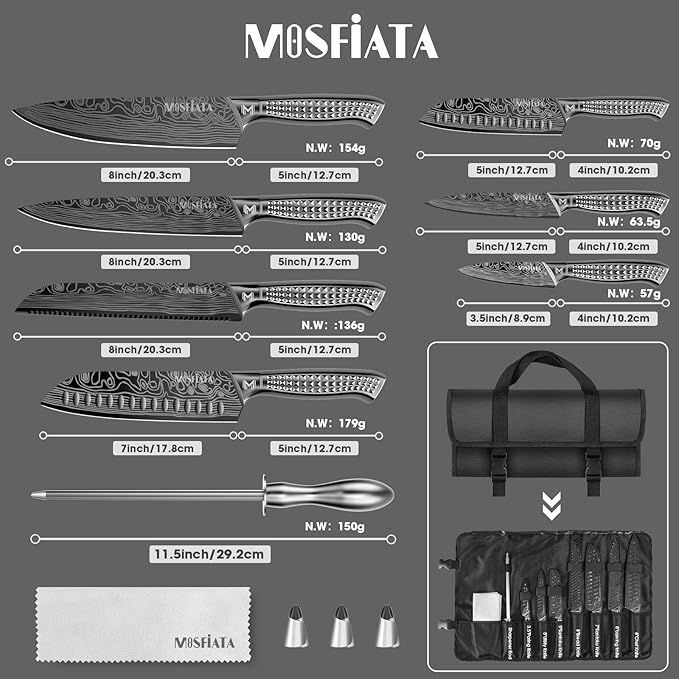 MOSFiATA Kitchen Knife Set, 12 Pcs Japanese Stainless Steel Knife Sets for Kitchen with Oxford cloth storage bag with Knife Sharpening Rod, Dishwasher Safe, For Outdoor(grey)