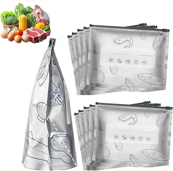 Reusable Aluminum Foil Sealable Storage Bags, 2026 New Resealable Vacuum Zipper Pouches for Food, Stand Up Foil Sealable Bags with Label and Zip Lock for Vegetable Fruit Meat (10Pcs, Medium)