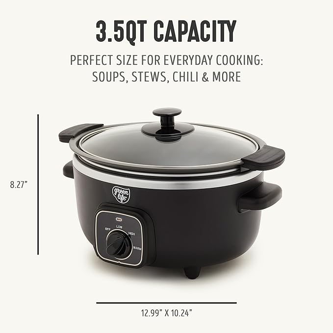 GreenLife 3.5QT Slow Cooker, PFAS-Free Non-Toxic Ceramic Nonstick Removable Interior Bowl, Programmable, Keep Warm, Stovetop & Oven Safe Pot, Dishwasher Safe Crock & Glass Lid, Black