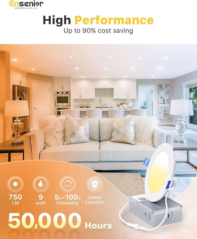 Ensenior 4 Pack 4 Inch LED Recessed Light, Dimmable, 3000K-5000K 3CCT, 750LM High Brightness, 9W 120V, Damp Rated, Ultra-Thin Canless Wafer Ceiling Light - ETL & FCC & IC