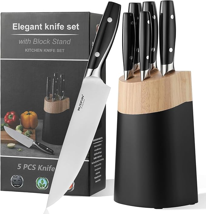 6-Piece Knife Block Sets，Stainless Steel Kitchen Knife Set with Block ??High Carbon Black Knives, Dishwasher Safe，Holiday Gift