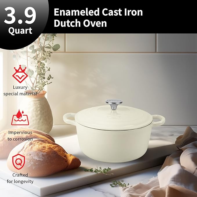 Enameled Cast Iron Dutch Oven Pot with Lid, 3.9 Quart Dutch Oven for Bread Baking, Oven Safe up to 500째 F, Suitable for Bread Baking, Braising, Roasting, Stews, White