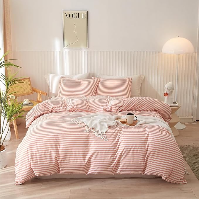 Full Comforter Set Pink White Stripes Pattern Comforter Full Modern Style Striped Comforter with 2 Pillowcases Lightweight 3 Pieces Boho Bedding Comforter Farmhouse Striped Fluffy Comforter Set