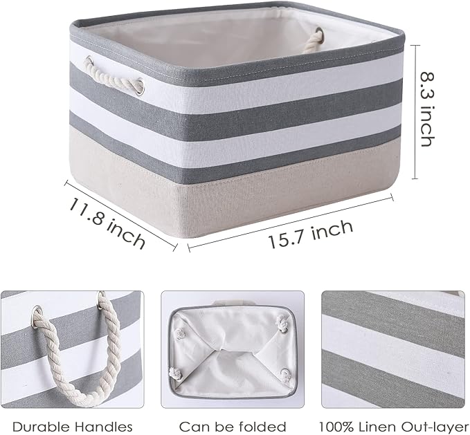 TheWarmHome Storage Basket Fabric Basket with Handles Dog Toy Basket Cloth Storage Bin Shelf Basket Decorative Storage Basket Shoe Basket Gift Basket(Grey&White Stripes-1 Pack,15.7L횞11.8W횞8.3H)