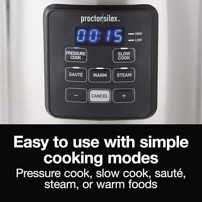 Proctor Silex Proctor-Silex Simplicity 4-in-1 Electric Pressure Cooker, 3 Quart Multi-Function With Slow Cook, Steam, Saut챕, Rice, Stainless Steel (34503)