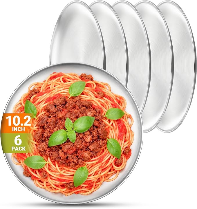Metal Dinner Plate, 6 Pack 10.2 inch Large 201 Stainless Steel Plates, Reusable Lunch Salad Pizza Food Serving Snack Eating Dishes Round Brushed Finish Silver Sturdy Dish Oven Dishwasher Safe