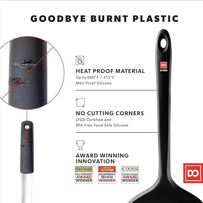 DI ORO Silicone Turner Spatula Set - Kitchen Spatulas for Nonstick Cookware - Cooking Utensils for Flipping Eggs & Pancakes - 600째F Heat-Resistant BPA Free Turners - Dishwasher Safe (4pc, Black)