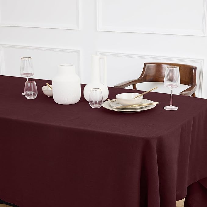 Solino Home Linen Burgundy Tablecloth 70 x 108 Inch - 100% Pure Linen Rectangular Tablecloth - Machine Washable Table Cloth for Christmas, New Year - Sonoma