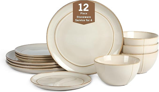 Stone Lain Infinity 12-Piece Dinnerware Set Stoneware, Plates and Bowls Set, Dishwasher and Microwave Safe, Dish Set for 4, Beige