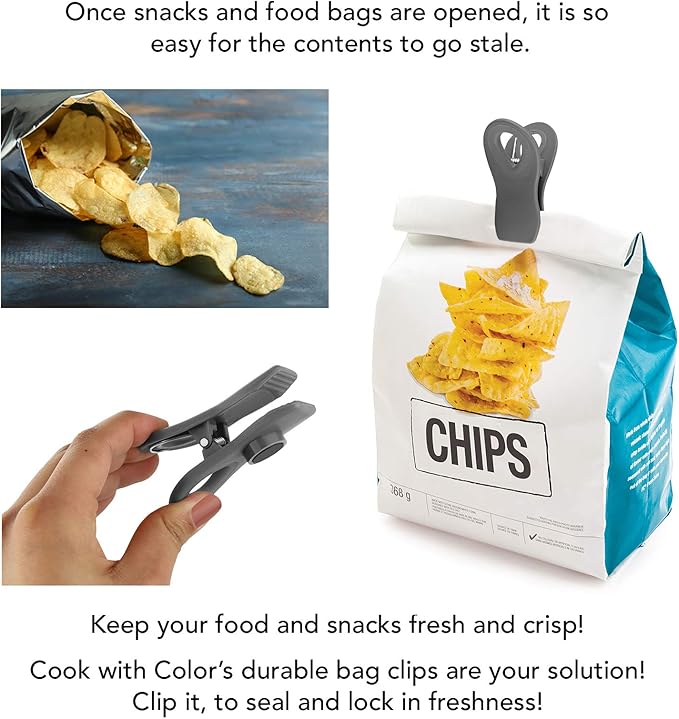 COOK WITH COLOR Bag Clips with Magnet- Food, Chip and Bag Clips for Food Storage with Airtight Seal Grip for Bread Bags, Snack Bags and Food Bags (Grey, Pack of 20)