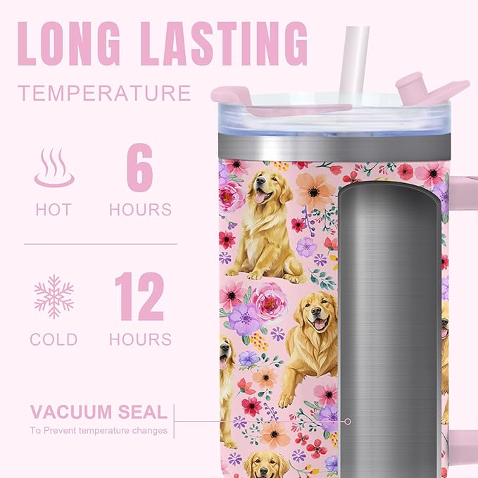 Yogusut Golden Retriever Gifts for Women, 40oz Stainless Steel Insulated Tumbler Travel Mug Cup with Handle Straw, Gifts for Dog Mom Dog Lover
