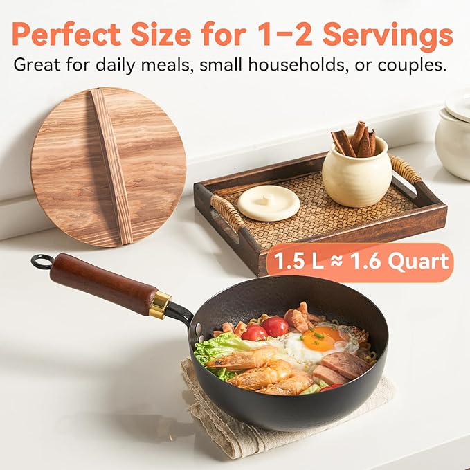 WANGYUANJI 8 Inch Hammered Iron Stir Fry Pan for 1?? Servings, Removable Beechwood Handle, Traditional Small Wok for Searing, Saut챕ing, Stir-Frying ??Non-Coated, Stovetop Compatible
