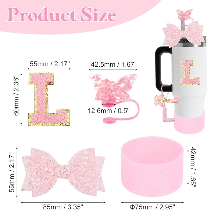 uxcell 8Pcs Cup Accessories Set for Cup Tumbler with Handle, Including Silicone Straw Cover, Boot, Spill Proof Stopper, Handle Charm, Initials Sticker(Letter L, Pink)