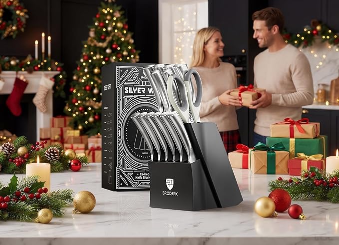 BRODARK Knife Block Set: Kitchen Knives Set with Block and Sharpener, 15 Pcs Ultra Sharp Chef knife, High Carbon Stainless Steel, Ergonomic Handle Non-Slip Grip, Silver Wolf Series with Gift Box
