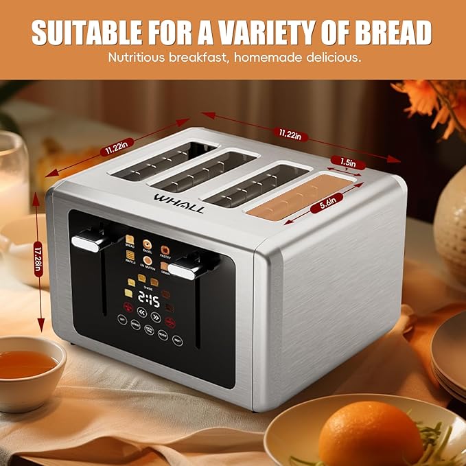 WHALL Touch Screen Toaster 4 Slice, Smart Digital Toaster with 1.5" Wide Slots, 6 Shade Settings & 6 Bread Types, Memory Function, Countdown Timer, Brushed Stainless,Ideal Kitchen Gift & Essential