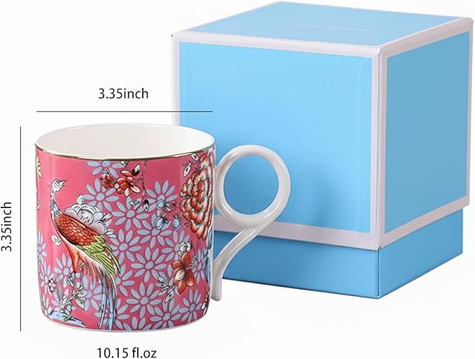 Decorative Ceramic Coffee Mugs, 10.15 fl.oz, Floral Design Collection with Gift Box (red)