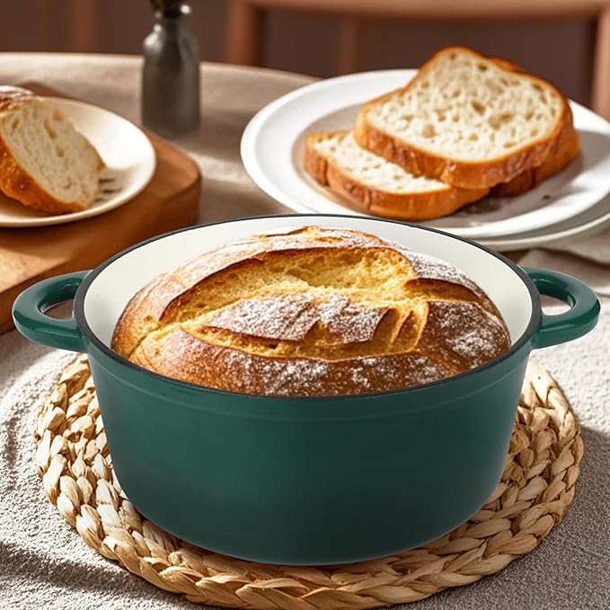 6 Quart Enameled Cast Iron Dutch Oven Pot with Lid, Oven Safe up to 500째F or on Stovetop, Non-stick Dutch Oven for Bread Baking, Cooking, Dual Handles Cookware, Green
