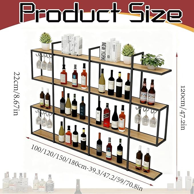 71IN Large Wall Mounted Wine Rack with LED Light, Metal 4 Tier Floating Wine Shelf with Glass Holder, Modern Hanging Bar Liquor Bottles Storage Rack for Home Bar Dining Room Decorative (70.8in/180cm)