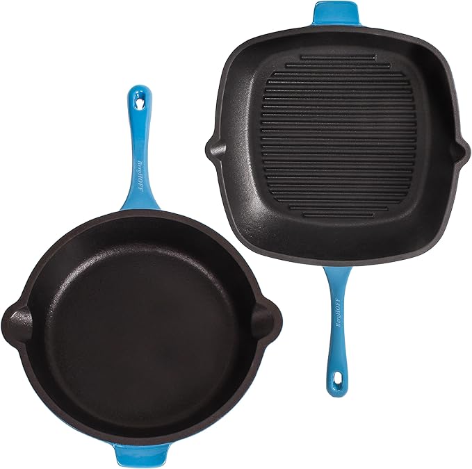 BergHOFF Neo 3Pc Enameled Cast Iron Cookware Set, Fry Pan 10 inches, Grill Pan 11 inches, Slotted Steak Press, Fast, Evenly Heat, Oven safe (Blue)