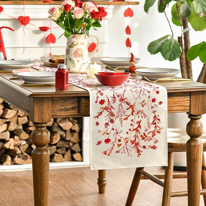 Artoid Mode Floral Leaves Valentine's Table Runner, Wild Flowers Seasonal Kitchen Dining Table Decoration for Home Party Decor 13x60 Inch