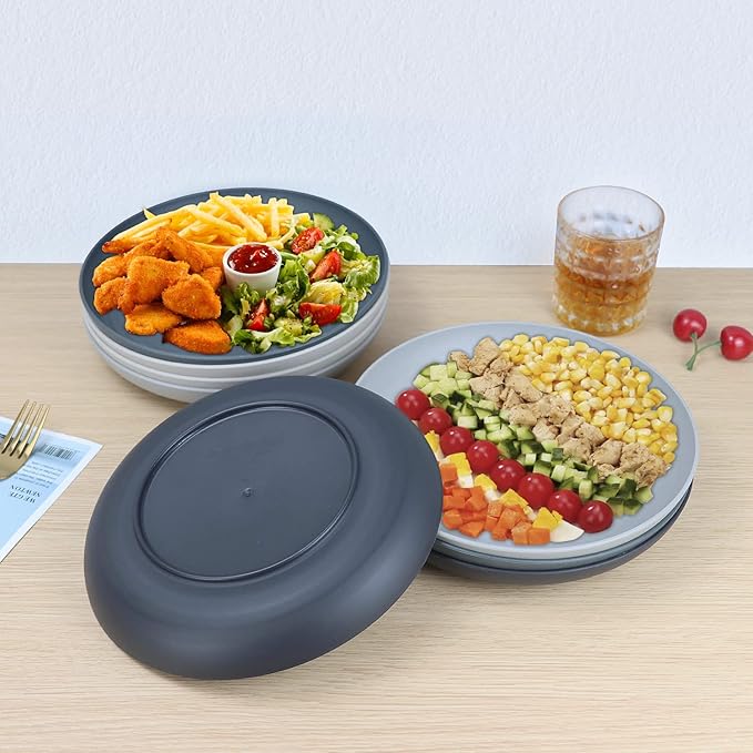 Homienly Deep Dinner Plates Set of 8 Alternative for Plastic Microwave and Dishwasher Safe Wheat Straw Kitchen Unbreakable Kids with 4 Colors (Stone Grey, 8 inch),(Deep plates-8)