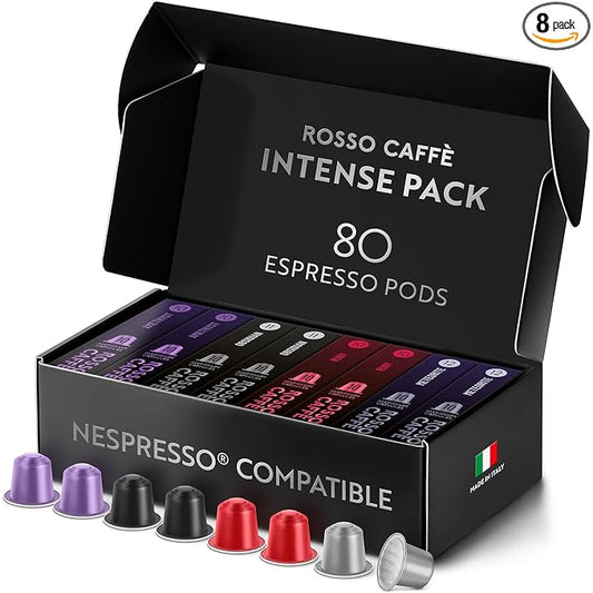 ROSSO CAFF횊 Espresso Coffee Pods for Nespresso Original Machines - 80 Capsules Dark Roast Intense Pack, 4 Strong and Robust Flavors - Made in Italy