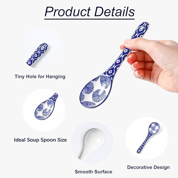 Selamica Ceramic Soup Spoons, 6.2 Inch Small Serving Spoons for Cereal, Yogurt, Dips, Ice Cream, Spoon Set of 6, Dishwasher & Microwave Safe, Vintage Blue