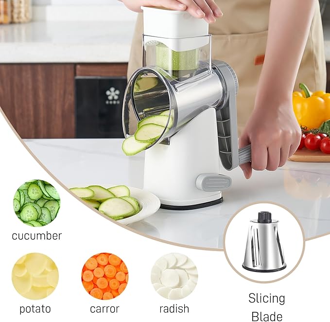 Weltonhm Rotary Cheese Grater with 4 Blades, Hand Crank Cheese Grater with Waffle Slicer, Black and White Cheese Slicer with Suction Base, Easier for Shredding& Grating (White and Grey, 4 Graters)