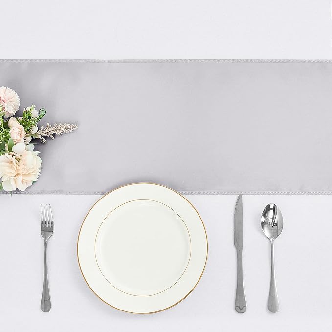 10-Pack Silver Satin Table Runner 12 x 108 Inch Long Bright and Smooth Silk Fabric Table Runner for Wedding Banquet Birthday Party Decoration