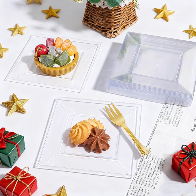 200pcs Square Dessert Plates Includ 100pcs 6inch Appetizer Plates,100pcs 5inch Plastic Forks,Clear Dessert Plates Disposable Appetizer Plates Serve 100 Guests For Wedding Party&Valentine's Day