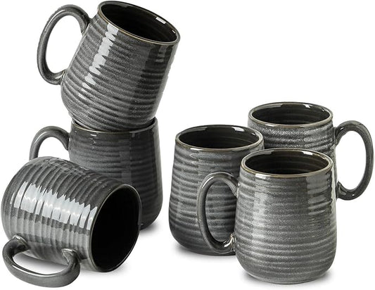 HASENSE Ceramic Coffee Mugs - 15 OZ Large Coffee Cups Set of 6 with Handle for Hot Beverages, Porcelain Latte Mugs for Tea, Milk, Cocoa, Cappuccino and Mocha, Microwave and Dishwasher Safe, Grey