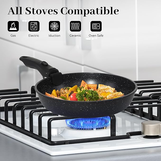 5PCS Pots and Pans Set Non Stick, Kitchen Cookware Sets with Detachable Handle, Ceramic Cookware Sets, Non Stick RV Cookware Cooking Set, Dishwasher 竊?Oven Safe, PFOA Free, Black