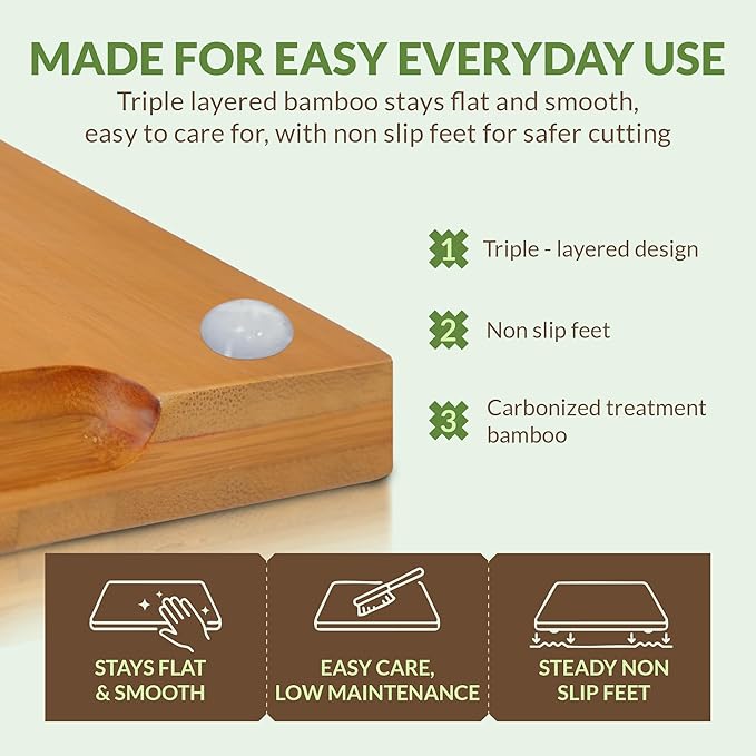 Vietnam Carbonized Bamboo Cutting Board Set of 3 with Holder, Non Toxic Reversible Boards with Juice Groove, Smooth Finish and Non Slip Feet, Handmade in Vietnam for Prep and Charcuterie