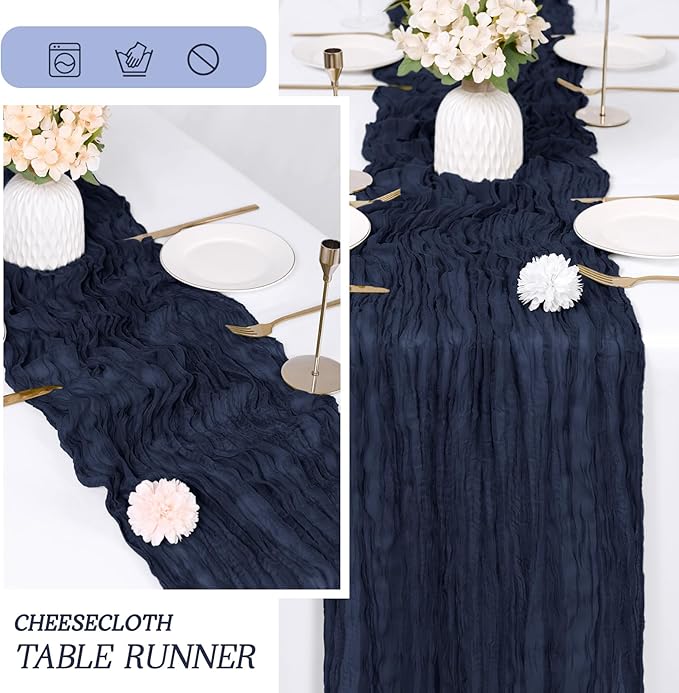 RealBox 6 Pack Navy Blue Cheesecloth Table Runner 17x108 Inch Semi Sheer Boho Gauze Cheese Cloth Fabric Table Runners Table Decor for Wedding Party Baby Shower Birthday Home Decor Garden Farmhouse