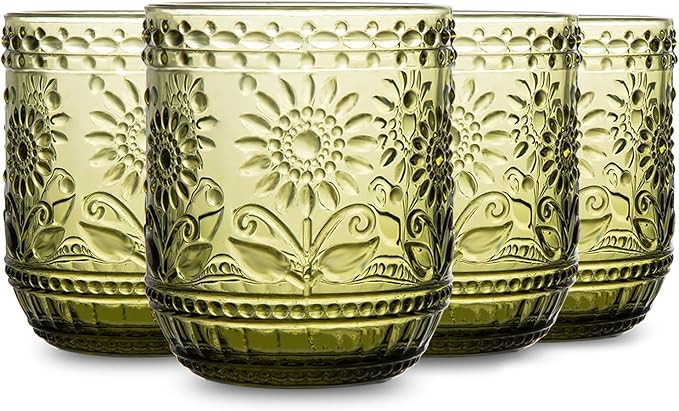 Luminthra Elegant Vintage Crystal Glassware Set, Embossed Floral Drinkware, 12oz Green and Multi-Color Glass Cups for Wine, Cocktails, and Beverages (Green)