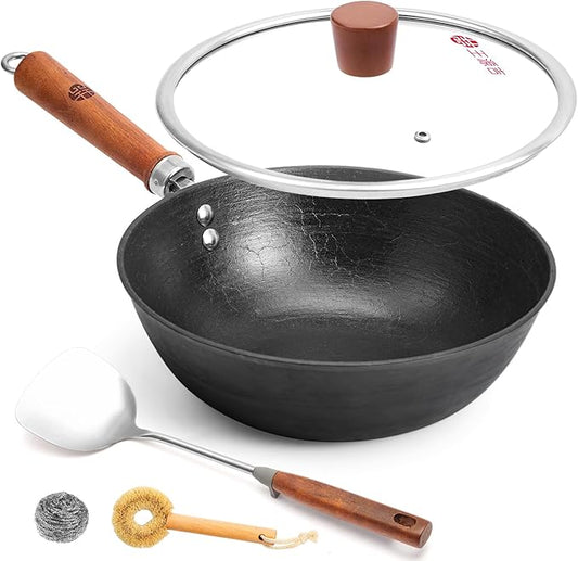 WANGYUANJI 10.2 Inch Cast Iron Wok with Lid, Flat Bottom Small Stir-Fry Pan with Wooden Handle, Uncoated Cast Iron Skillet for Gas, Induction and Electric Stovetops