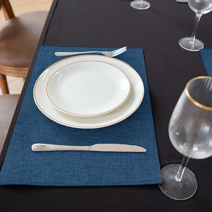 Rinpon Cloth Navy Blue Placemats Set of 8, Linen Type Fabric Placemats Machine Washable Heat Resistant Placemats Polyester Place Mats for Halloween, Thanksgiving and Christmas Dining Table (Navy Blue)