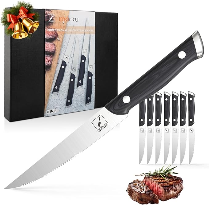 imarku Steak Knives, Steak Knives Set of 8, Serrated Steak Knife Set with Pakkawood Ergonomic Handle, Japanese HC Steel Steak Knife and Gift Box, Best Gift for Christmas&Thanksgiving