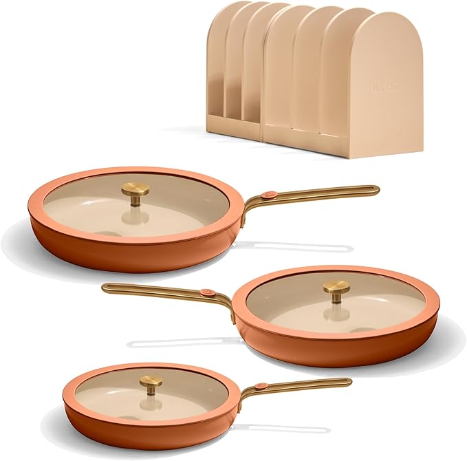 Our Place 8-Piece Essentials Complete Cookware Set - Ceramic Fry Pan Trio & Modular Rack Storage | Nontoxic Thermakind??Nonstick, Oven Safe up to 450째F & Compatible with All Cooktops | Terracotta