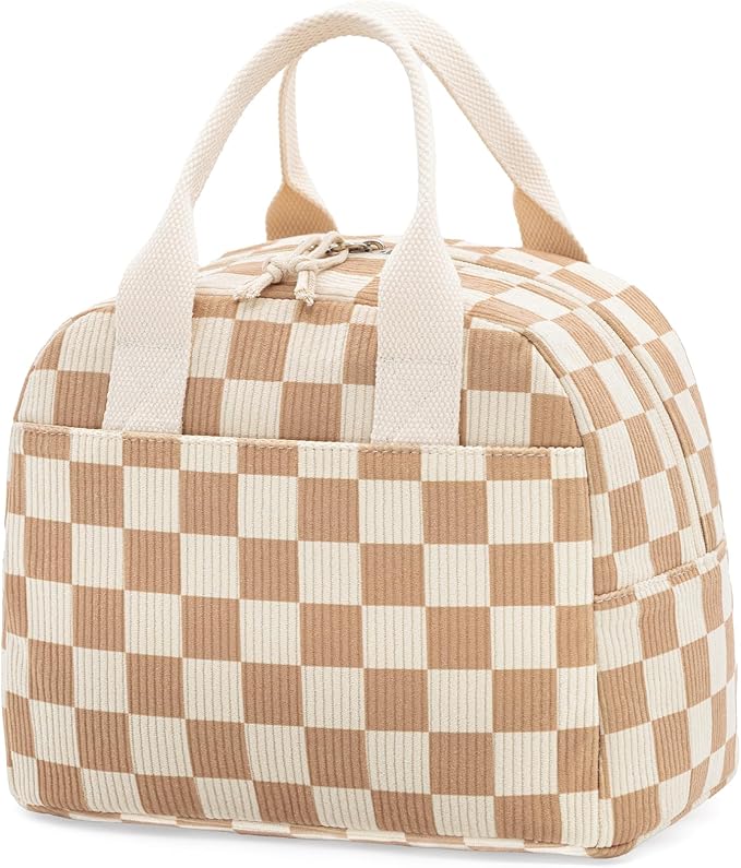 LOVELYWIND Insulated Brown checkered Lunch Bag for Women, Corduroy Tote with Aluminum Lining, Large Capacity Reusable Cooler for Work, Travel, Beach or Picnic, Checkered Water-Resistant Lunch Box