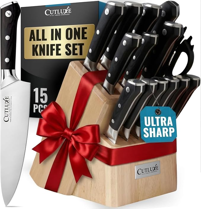 Cutluxe 15-Piece Knife Set ??Premium Rubberwood Wood Block ??Knife Set for Kitchen, Ultra Sharp High Carbon German Stainless Steel, Full Tang ??Artisan Series