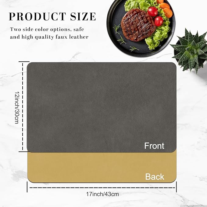 BLESWIN Faux Leather Placemats, PU Dining Table, Waterproof and Oil Resistant Easy to Clean, Heat Resistant Reversible Use Table Mats for Kitchen, Dining Table, Outdoor ??12 횞 17 Inch, Mud&Dark Yellow