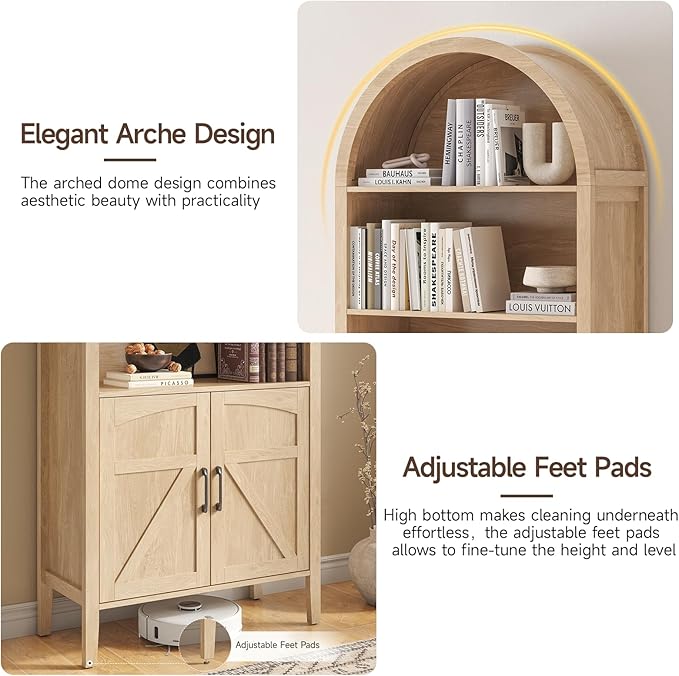 ONBRILL 71" Tall Arched Bookshelf, 5-Tier Arched Bookcase with Door & Storage Cabinet, Farmhouse Display Bookshelf Cabinet with Adjustable Shelf, Freestanding Wood Bookcase for Home Office, Study