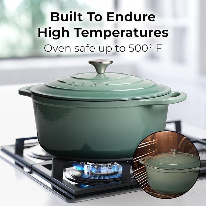 Zulay Kitchen 6 Quart Enameled Cast Iron Dutch Oven Pot with Lid ??Premium Durability & Oven Safe up to 500째F ??Heavy Duty Cookware Perfect for Bread Baking, Stews, Braising & Roasting - Aventurine