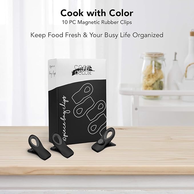 COOK WITH COLOR Bag Clips with Magnet- Food, Chip and Bag Clips for Food Storage with Airtight Seal Grip for Bread Bags, Snack Bags and Food Bags (Black, Pack of 20)