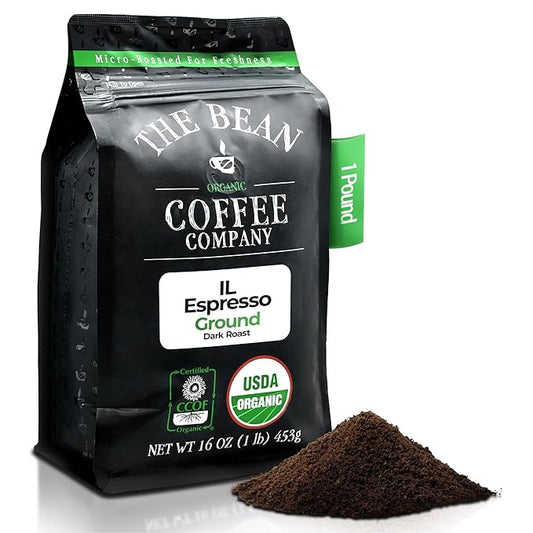 The Bean Organic Coffee Company Il Espresso, Classic Dark Roast, Ground Coffee, 16-Ounce Bag, Caf챕 molido tostado org찼nico