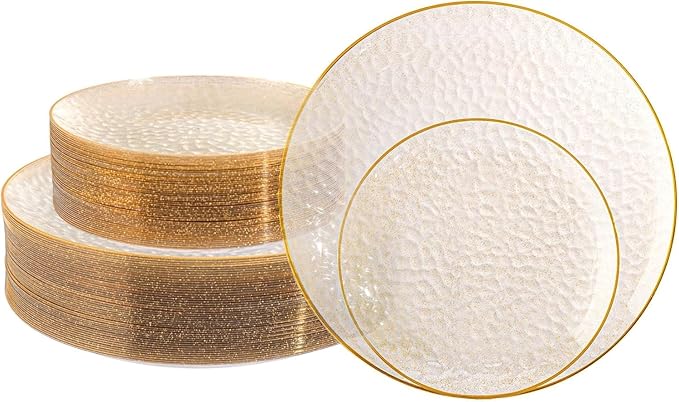 Lullaby 100PCS Clear Plastic Plates with Gold Rim, Includes 50pcs Dinner Plate 10??and 50pcs Dessert Plate 7?? Disposable Heavyduty Plates for Birthdays, Parties and Wedding